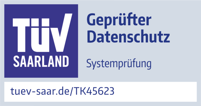 TK45623 Prüfzeichen TÜV Saarland geprüfter Datenschutz